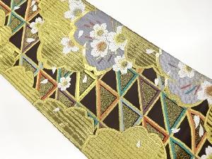 桜に格子・斜線模様織出し袋帯